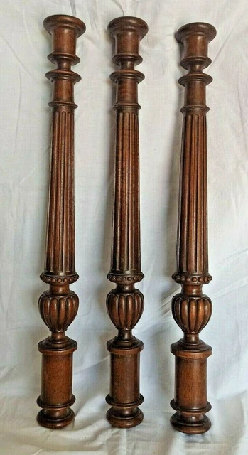 23" 3 French Antique Pair Carved Wood Trim Posts Pillars Columns Oak