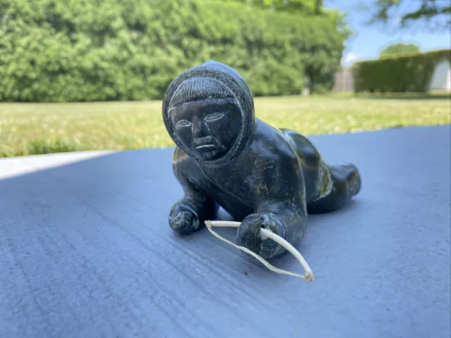 Vintage Inuit Artic  Bay Eskimo Hunter Carving, Signed Olivine Stone