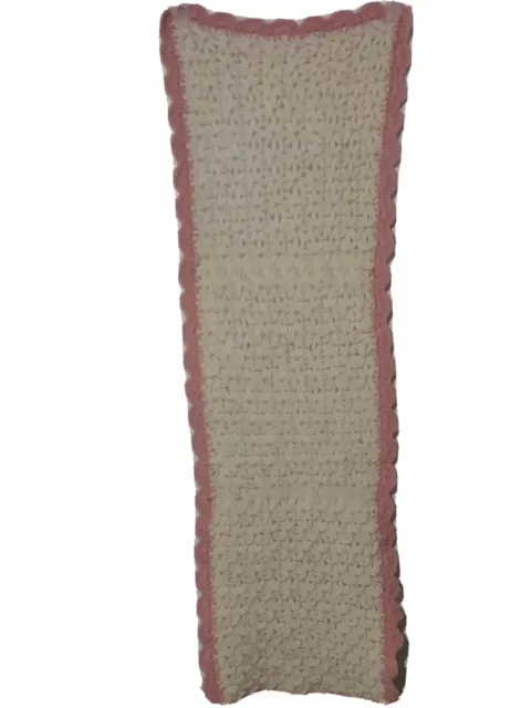 Vtg Handmade Table Couch Runner Loom Crochet Yarn Flowers Daisy Pink & Ivory