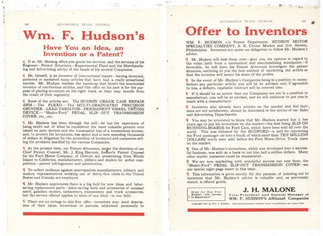 1922 Wm. F. Hudson - Motor Specialties Co. of Philadelphia 3 Pg. Ad: Patent