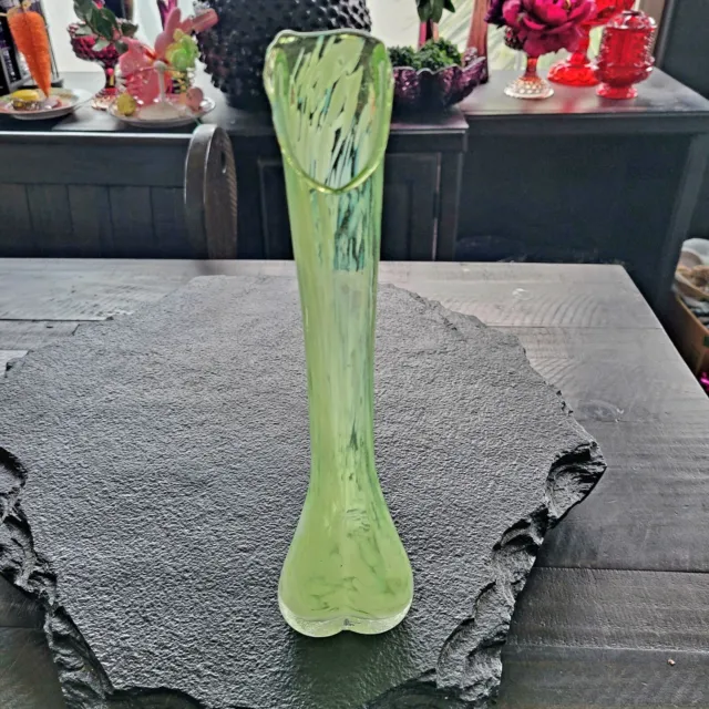 Vintage Swung Vase Green Swirl 10.5" By Kelvins Hand Blown Glass