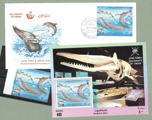 1993 Sultanate Of Oman, Whales & Dolphins First Day Cover, Mini-Sheet & Stamps.