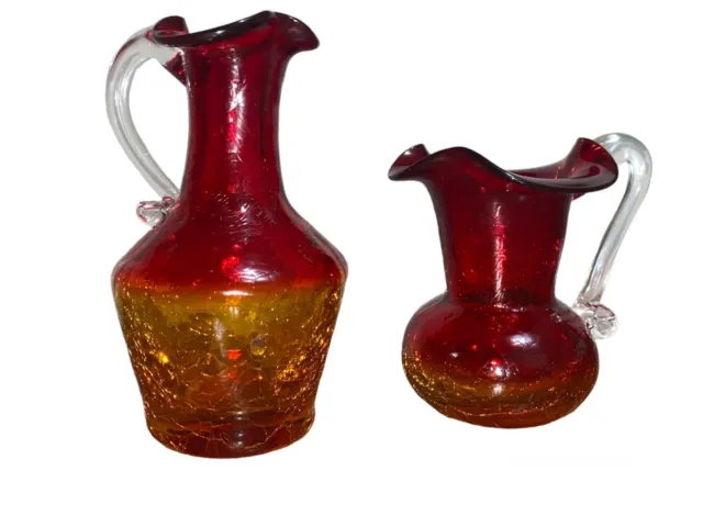 Vintage BLENKO Glass Blown Tangerine Amberina Orange Red Crackle Pitcher Vase