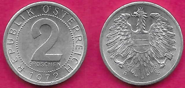 Austria 2 Groschen 1972 Unc Imperial Eagle With Austrian Shield On Breast,Holdin