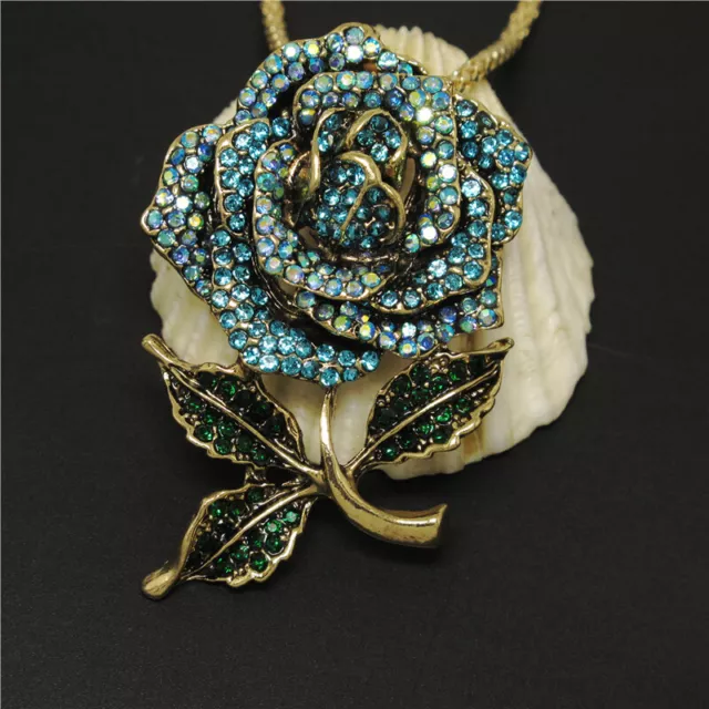 New Betsey Johnson  Blue Bling Lovely Rose Flower Crystal Pendant Necklace