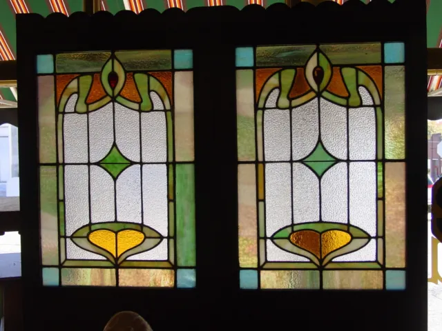 Quartered oak stained glass Art Nouveau modesty room sceen----15880