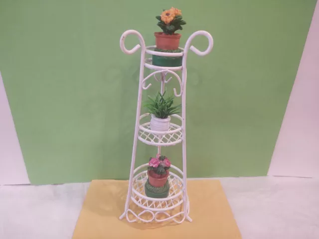 Vintage 3 Tier White Wire Plant Stand w/Flowers Miniature Dollhouse Furniture