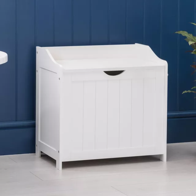 White Laundry Box Wooden Bathroom Storage Basket Linen Clothes Chest Christow