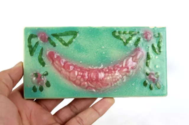 Embossed Ceramic Tile Rare Old Japan Handmade Floral Art Design Collectible Tile