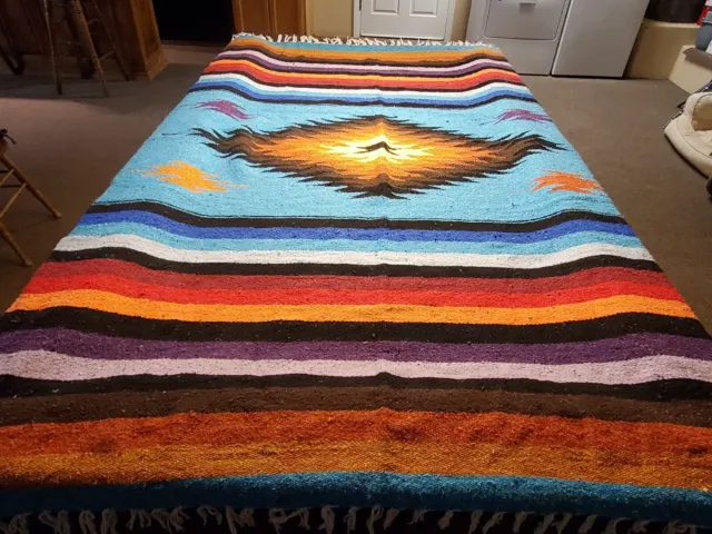 Molina Indian Blanket Woven Mexico Tassel Teal Colorful 88"x55" Santa Fe Style