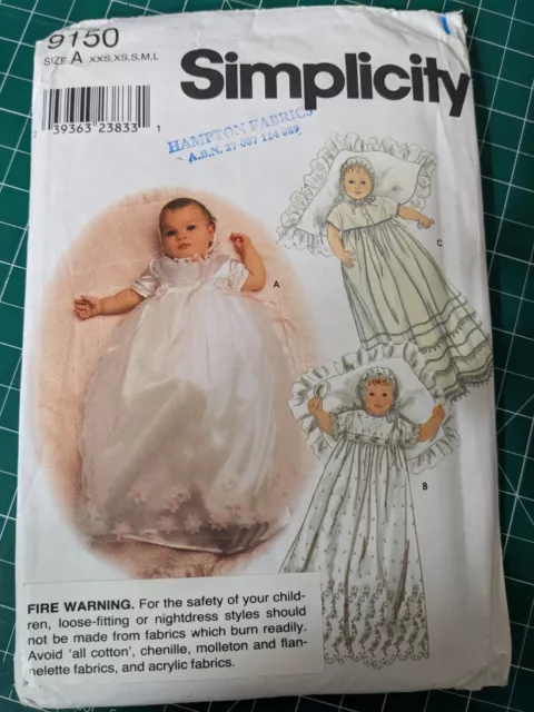 Simplicity 9150 sewing pattern Babys Long Christening gown  bonnet pintucks