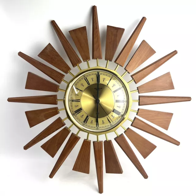 Original Vintage 60’s Anstey & Wilson Sunburst Teak Clock Mid-Century Wall Retro