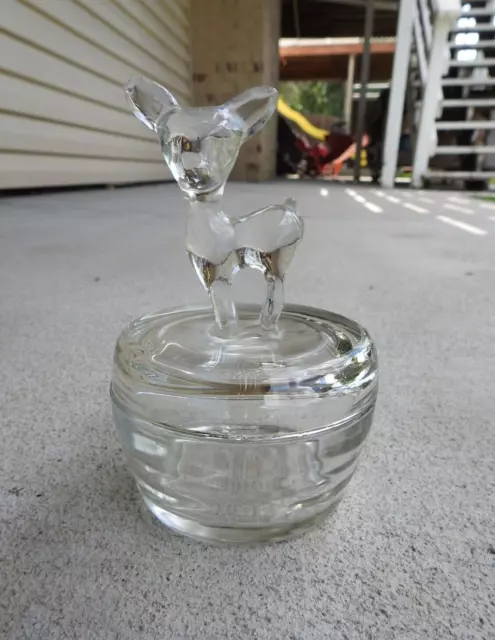 Jeannette Clear Glass Deer Fawn Top Trinket Powder Box Jar Candy Dish