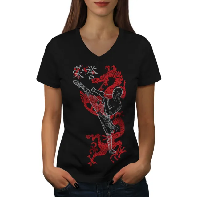 Maglietta Wellcoda Ninja Dragon Warrior da donna scollo a V, Kung Fu graphic design
