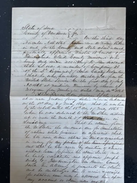 Civil War Letter, 3rd Iowa Cavalry, 11/3/65, Wounded, 5/1/64 Jenkins Ferry, POW