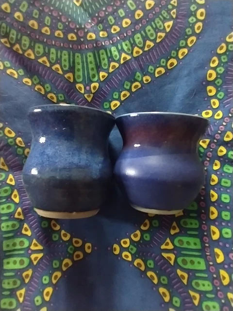 2 Handmade Art Pottery Small Vases Blue Purple 3 in tall glossy