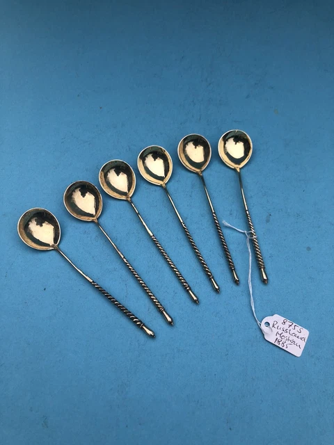 6 Russische 12,6 cm lange Tee- / Kaffeelöffel, 84er Silber Punze, Moskau 1885