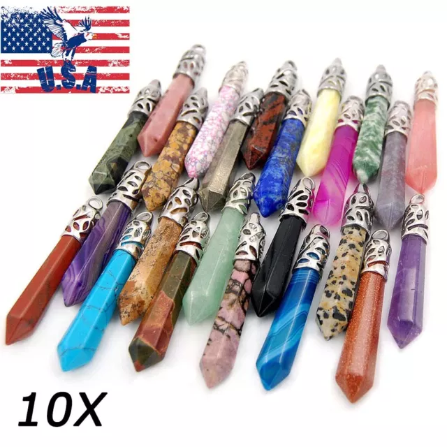 Set of 10 Natural Gemstone Long Hexagonal Pointed Reiki Chakra Pendant Charm USA