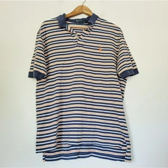 Vintage Polo By Ralph Lauren Mens Striped Logo Polo Size L Blue Orange Y2K 90s
