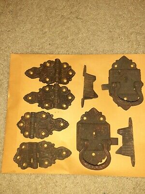 Vintage Ornate Ice Box Latch W/ Keepers 4 Matching Offset Hinges