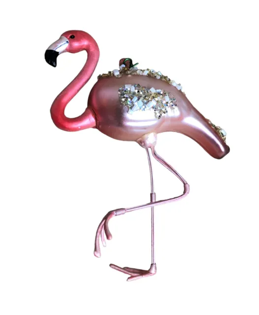 Christmas Pink Flamingo Ornament Blown Glass Glittery Coastal Tropical Decor 5”