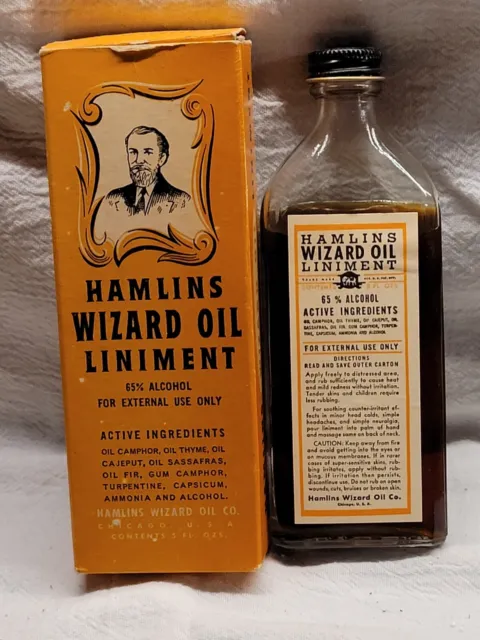 HAMLINS WIZARD OIL CHICAGO ANTIQUE QUACK MEDICINE w ORIGINAL BOX GREAT GRAPHICS