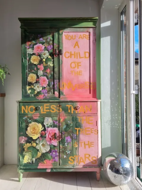 PAINTED CUPBOARD sideboard Cocktail Cabinet Funky Pink Green Floral Dresser