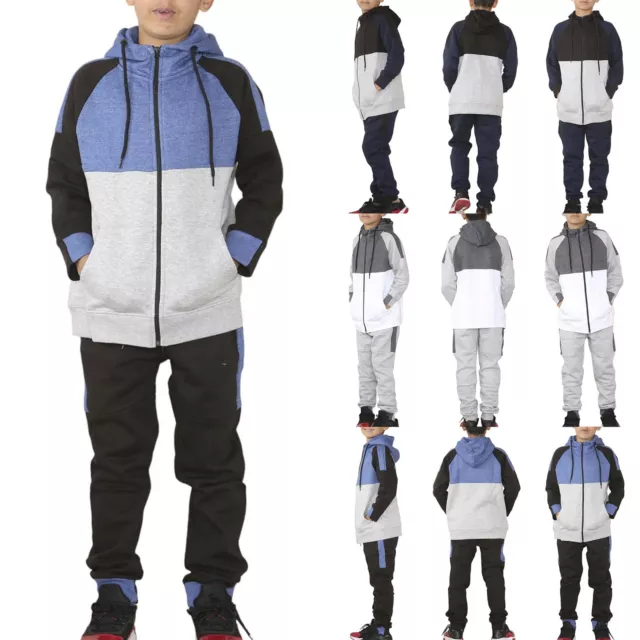 Kids Boys Hooded Hoodie Zip Up Bottom Suit Plain Fleece Tracksuit Joggers