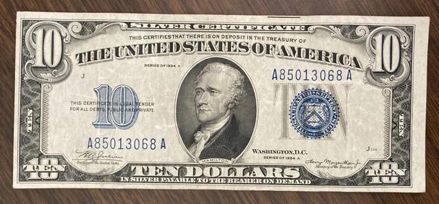 1934 A $10 Ten Dollar Silver Certificate   Note Grading   EXTRA FINE