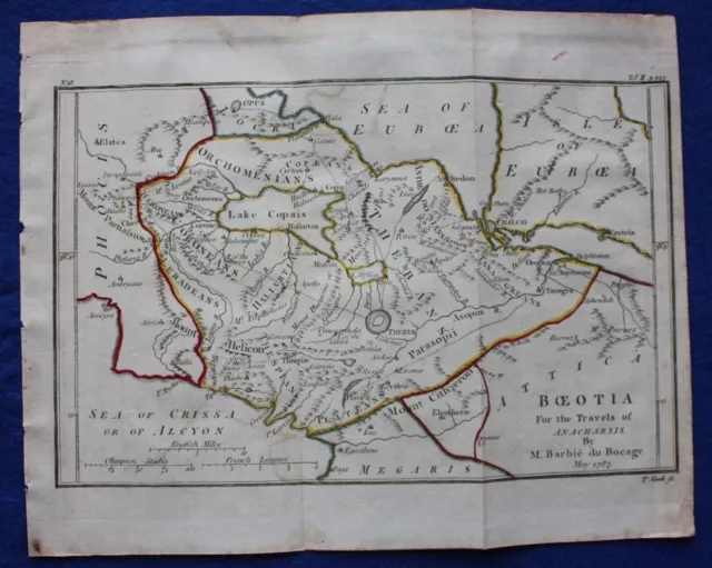 Original antique map ANCIENT GREECE, BOEOTIA, THEBES, Barbie du Bocage, 1796