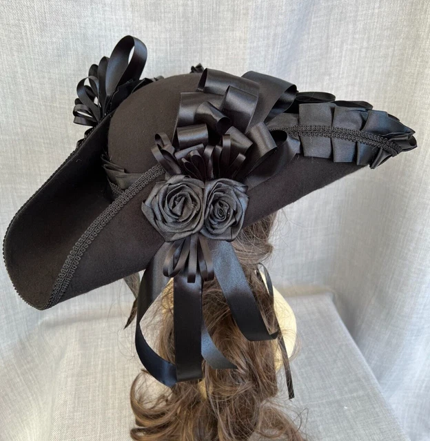 ALL BLACK TRICORN Pirate Hat Renaissance Ruffles Rosettes 57cm (39) NO