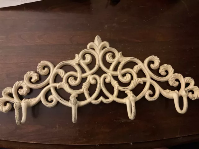 Vtg 4 Hooks Wall Coat Towel Hanger Cast Iron Metal White Distress Farmhouse 16”