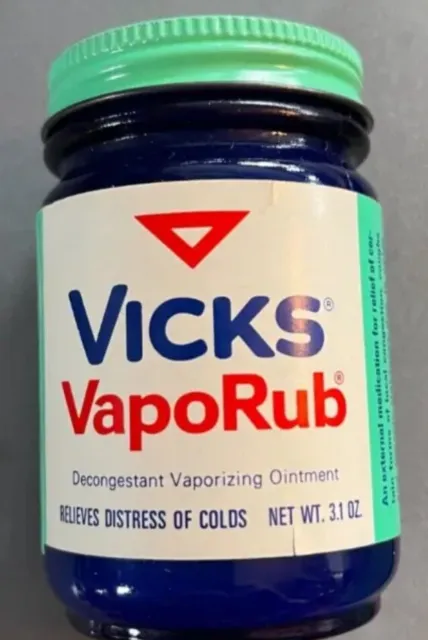 Vintage Vicks VapoRub Cobalt Blue Glass Jar Green White Label & Metal Lid 3.1 oz