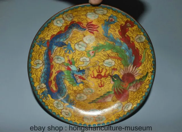 7.3" Old Chinese Enamel cloisonne Copper Dynasty Dragon Phoenix Lines Tray Plate
