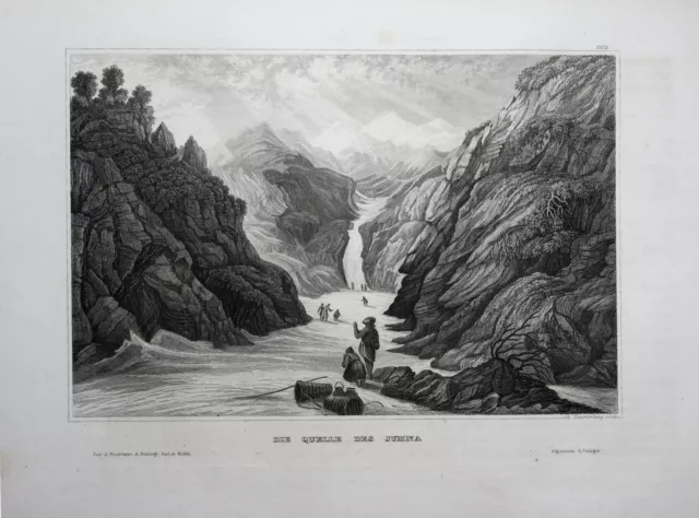 Yamuna Jamuna Quelle spring India Indien Ansicht view Stahlstich ca. 1840