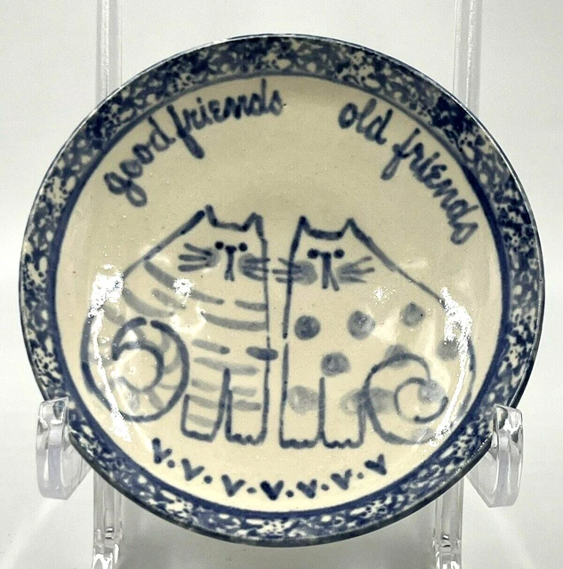 McKean Studio Art Pottery Trinket Dish Blue Spongeware Trim w/Cats Friendship