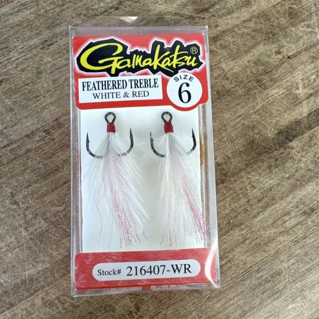 2 Gamakatsu Feathered Treble Fish Hooks 216407-WR Size 6 Red & White