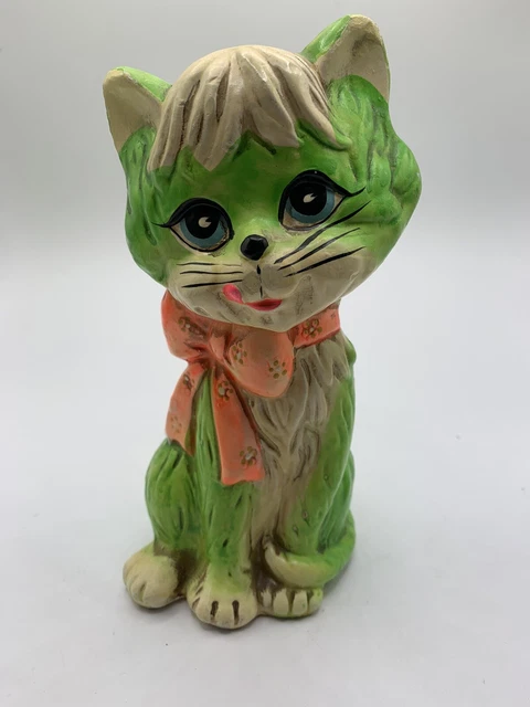 Mcm Neon Green Cat With Orange Bow Bank Ceramic Vintage 1960’s Kitsch Glow Paint