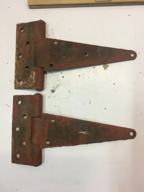 2 Vintage 10'' Farm Barn Door Gate Hand Forged Strap Hinges Great Red Patina 5