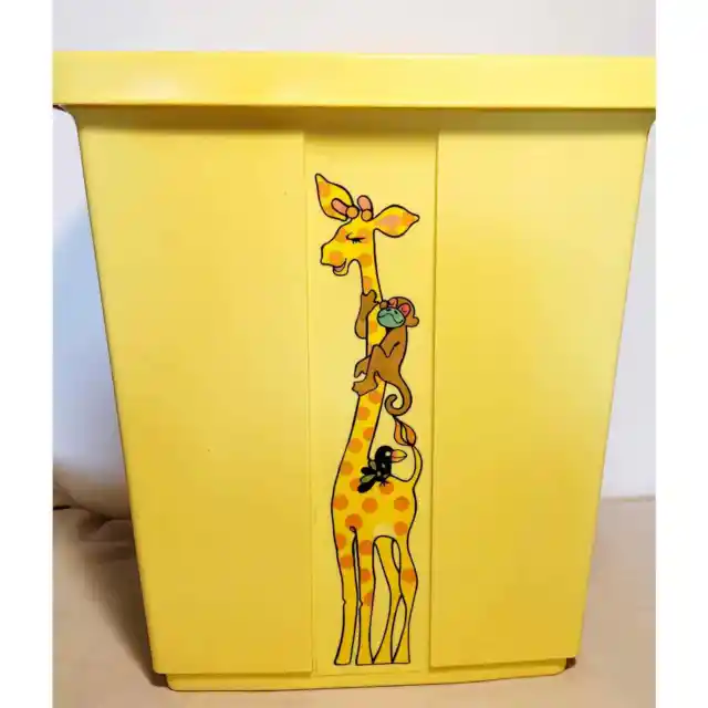 Vintage MCM Yellow Plastic Animal Decal Diaper Pail Wastepaper Basket