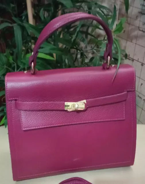 Borsa vera pelle donna ragazza classica tipo Kelly  bordeaux ciclamino Italy