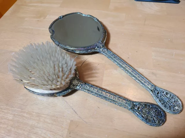 Antique Vintage Ornate Victorian Brass Vanity Hair Brush  Mirror Set Petit Point