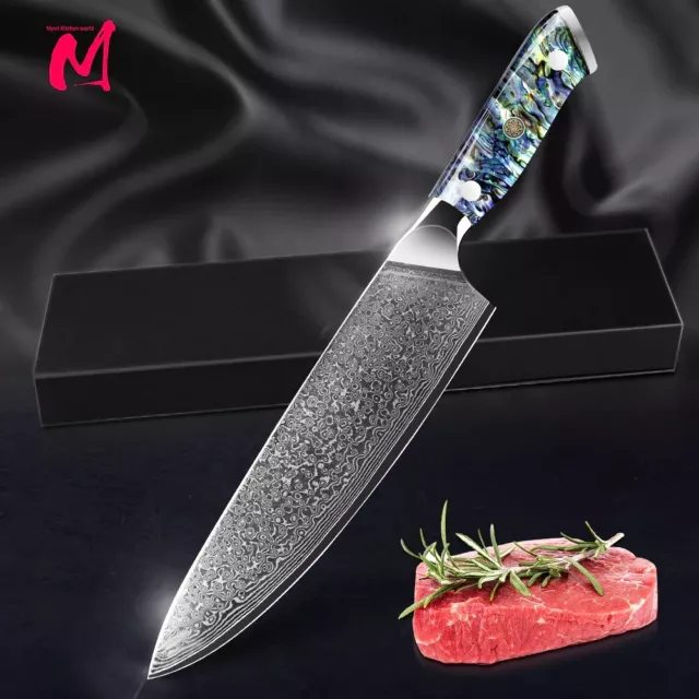 SENKEN Damascus Steel Kitchen Knife Set - UMI Collection - 67-Layer Japanese VG10 Steel, Real Deep-Sea Abalone Shell Handle, Chef's Knife, Santoku