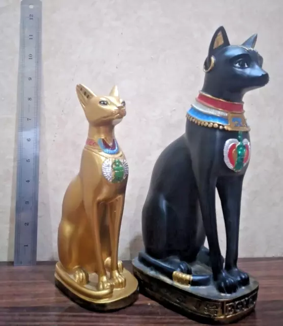 Set Of 2 Goddess Bastet Cat Isis EGYPTIAN ANTIQUE Statue Heavy Solid Stone