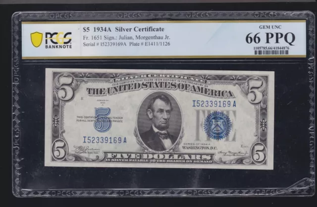US 1934A $5 Silver Certificate FR 1651 PCGS 66 PPQ  (169) 1 of 2 Consecutive