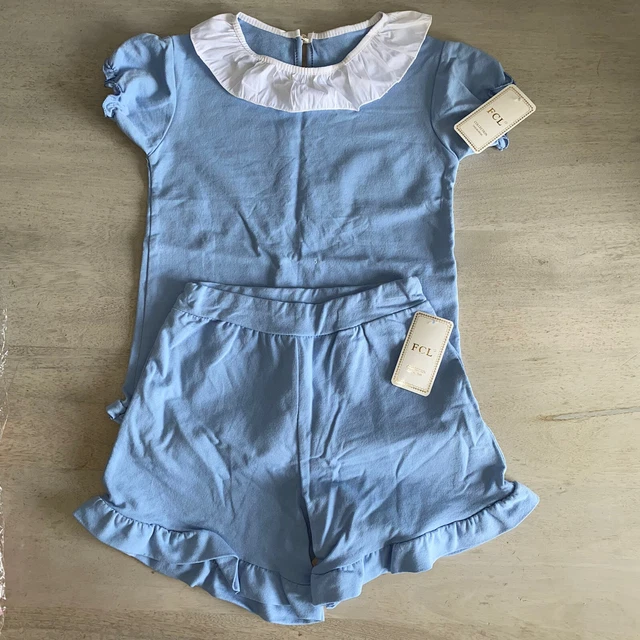Girls Summer Bundle Shorts Top Outfit Age 9 10 Y White Blue Ruffle Spanish Set 2
