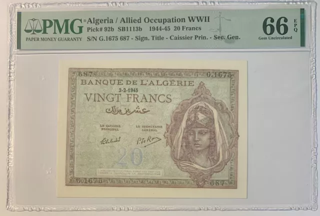 ALGERIA P 92b 20 FRANCS - AL. OCCUPATION WWII - 1945 - PMG GEM UNC 66 EPQ # 687