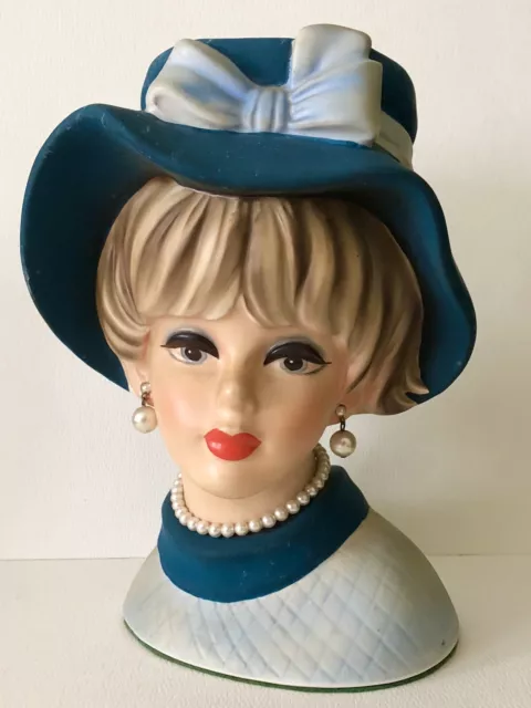 1950s NAPCO NAPCOWARE Royal Blue Lady Head Vase C7496 Headvase Bonnet Hat Pearl