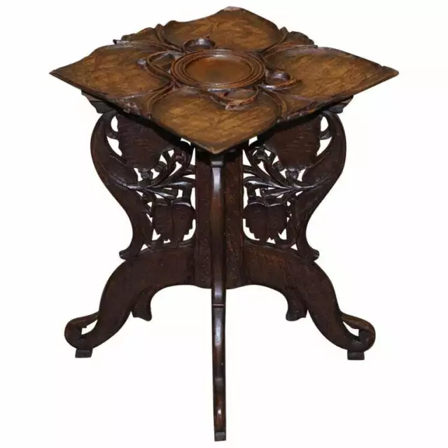 Anglo Burmese Hand Carved 19Th Century Antique Folding Side End Lamp Wine Table