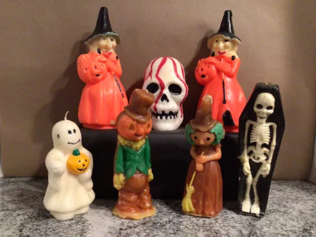 VTG GURLEY NOVELTY HALLOWEEN CANDLES LOT of 7 COFFIN WITCH SCARECROW UNUSED